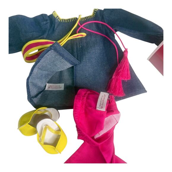 American Girl Julie Doll Tunic Outfit Denim Top Pants Clogs Belt Accessories Box - Picture 4 of 10